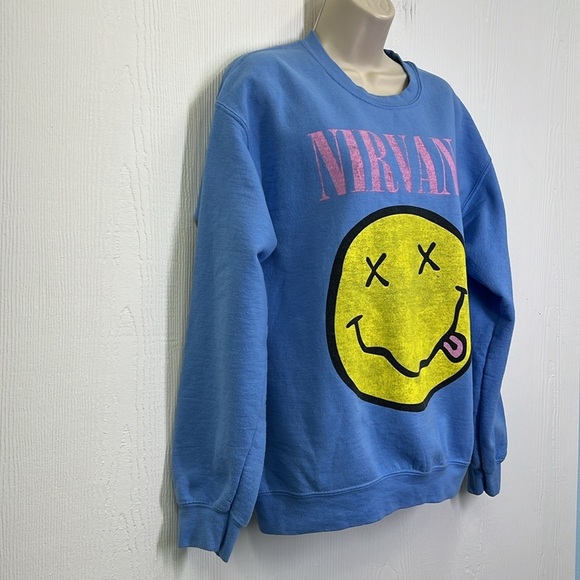 Gildan - Light Blue Nirvana Smiley Face Bright Graphic Crewneck Sweatshirt M - Picture 4 of 8